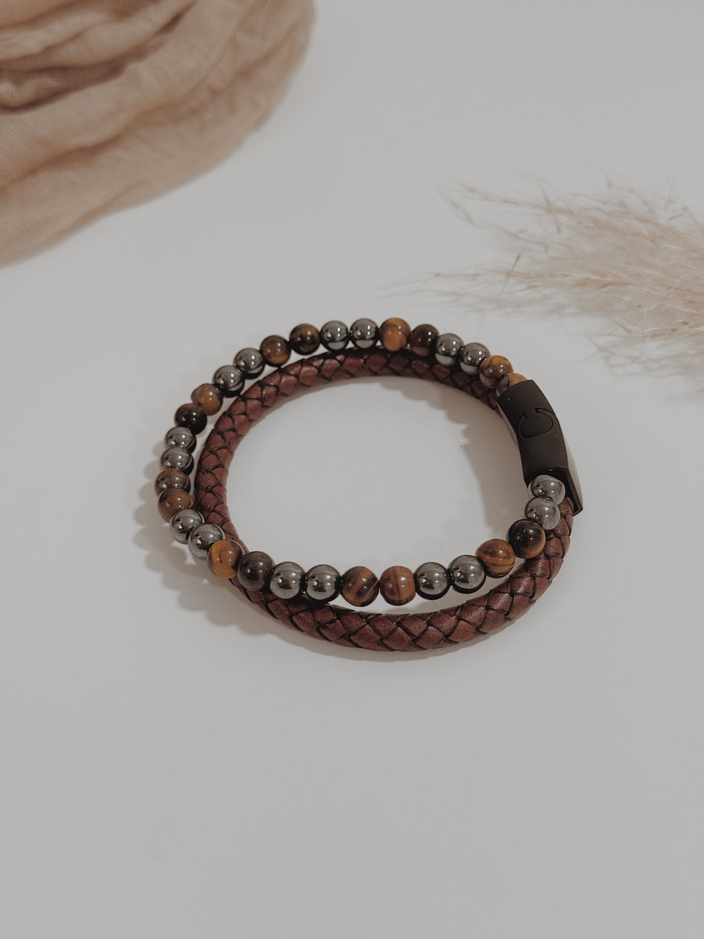 Pulseira Homem Hematite e Olho de tigre ( dupla )