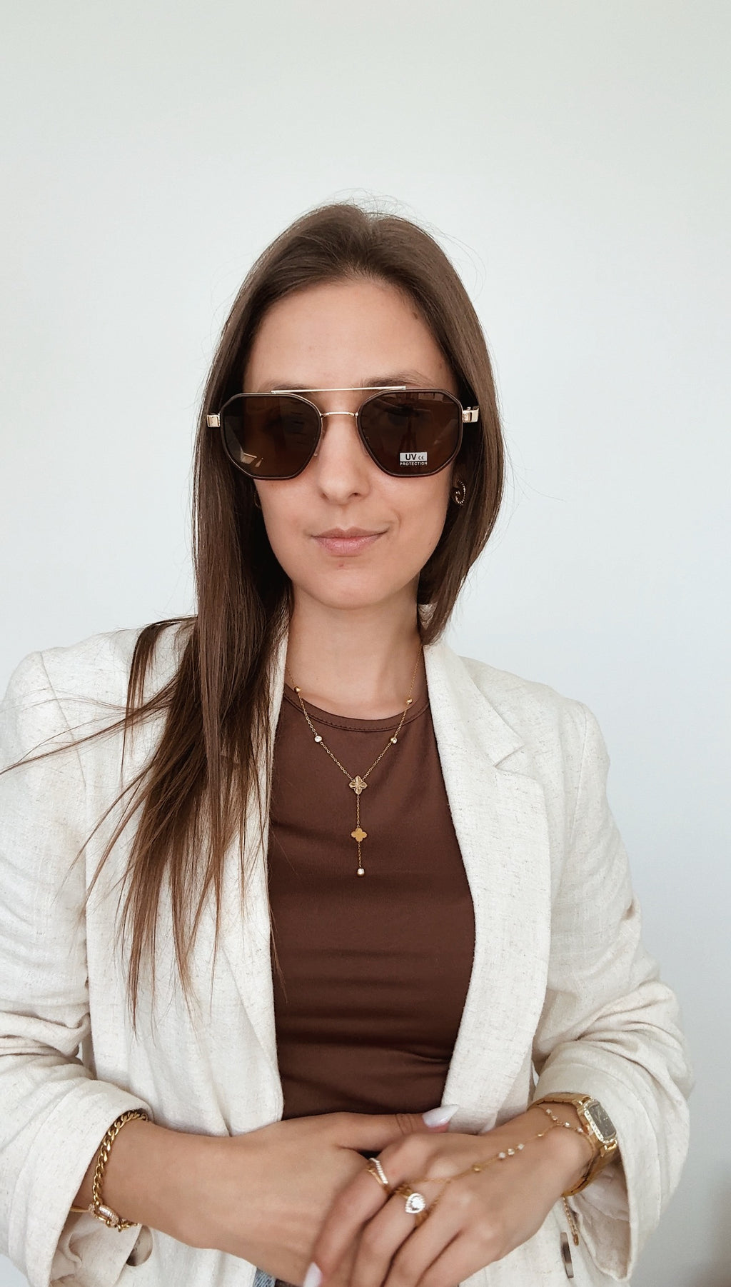 Óculos de sol Unisexo ponte dupla | dourado